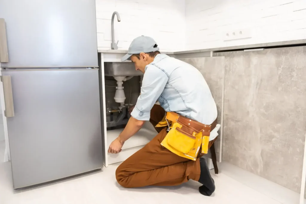 plumber working beneath a sink